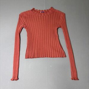 Zara Ribbed Knit Top Womens Small Rust Orange Lettuce Edge Mock Neck Long Sleeve